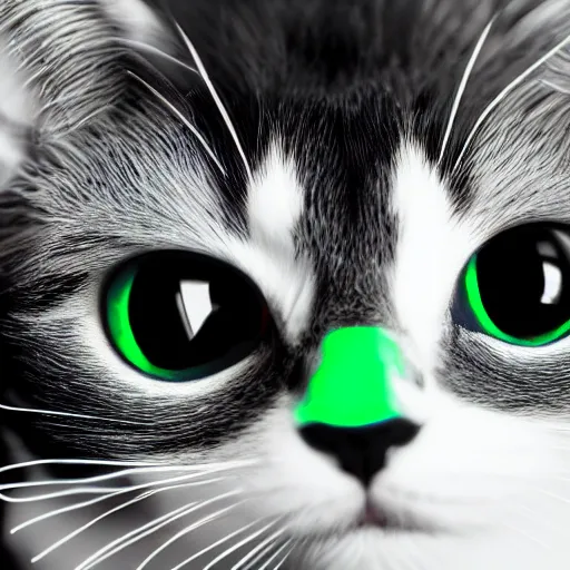 Image similar to Portrait of a black and white cat mob boss in space with colorful bright green eyes, medium shot, hd, 8k, hyper-realism, detailed, octane 8k,