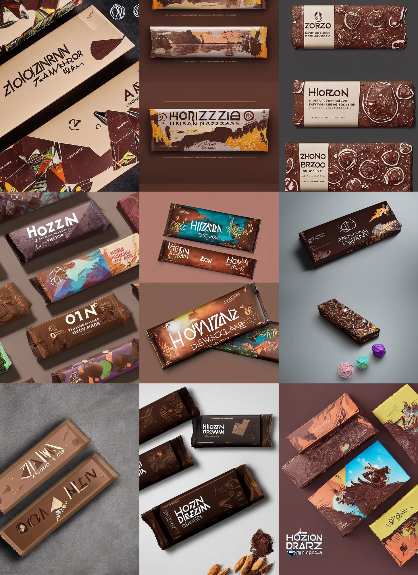 Prompt: horizon zero dawn inspired conceptual chocolate bar packaging, label design, behance, packaging of the world, award, front label, packaging design, craft