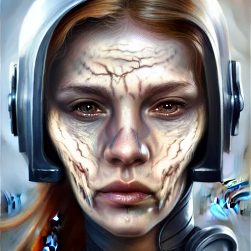 Prompt: portrait of a woman with the scars of battle on her face, wearing sci-fi power armor, Alexandria's genesis, chin-length hair, bored, illustration, soft lighting, soft details, hyper realism, high detailed, painting oil on canvas by mark arian by artgerm, trending on artstation, 4k, 8k, HD