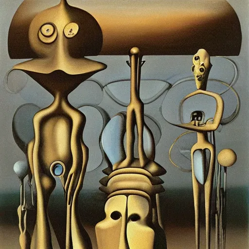 Image similar to Two extremely tall mechanical beings in a deep conversation. Temple of the new gods. Dali. Yves Tanguy.