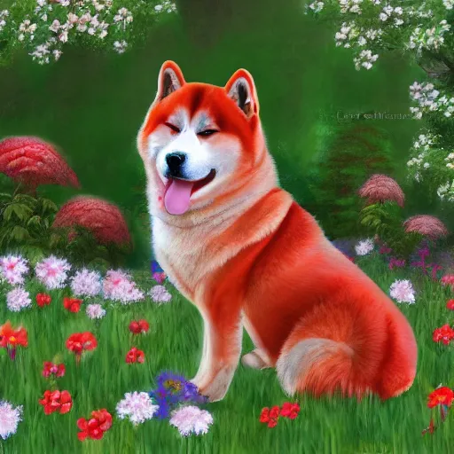 Image similar to a red akita inu wearing a kimono, in a field of flowers, highly detailed 4k digital painting