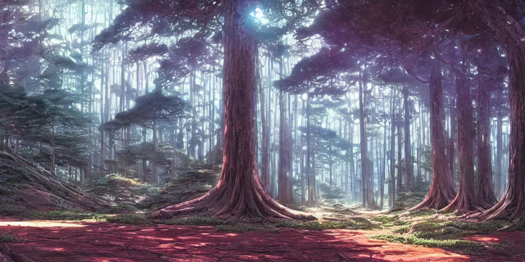 Image similar to ancient forest, art by makoto shinkai and alan bean, yukito kishiro