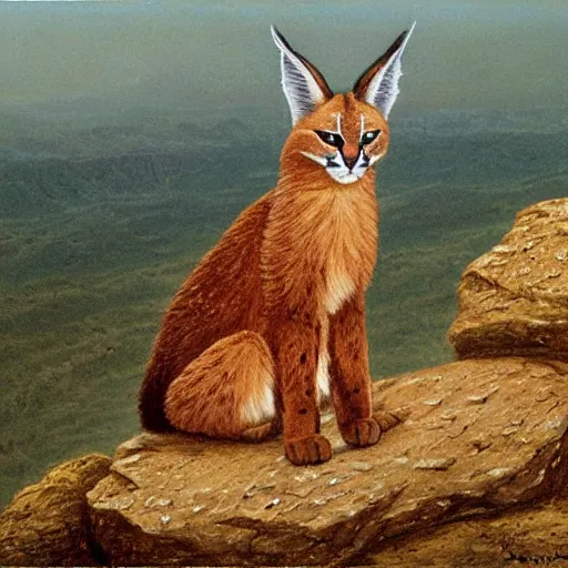 Image similar to a cute fluffy caracal on a high hill landscape with a circle of four large stones like fingers on the top, by ted nasmith