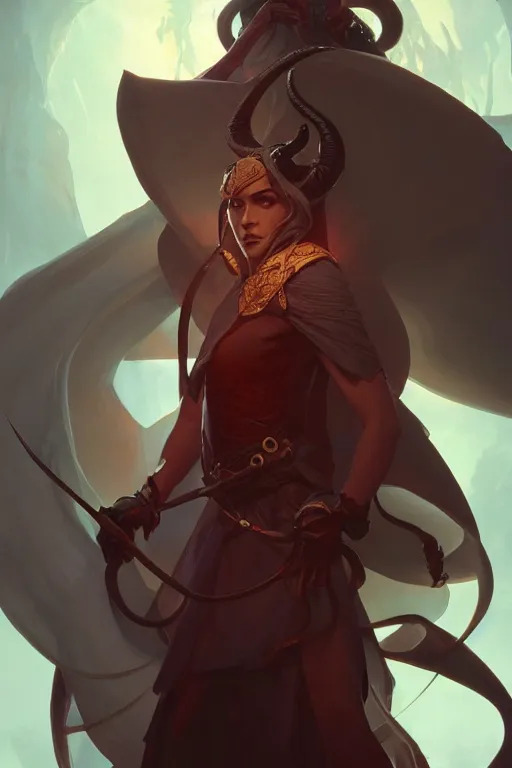 Image similar to a tiefling wizard, highly detailed, digital painting, artstation, concept art, smooth, sharp focus, illustration, Unreal Engine 5, 8K, art by Ross Tran and greg rutkowski and alphonse Mucha