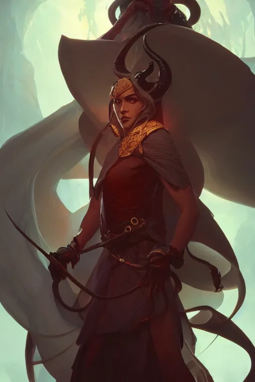 Prompt: a tiefling wizard, highly detailed, digital painting, artstation, concept art, smooth, sharp focus, illustration, Unreal Engine 5, 8K, art by Ross Tran and greg rutkowski and alphonse Mucha