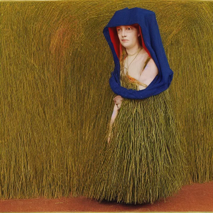 Prompt: a woman wearing a cloak made of grass, in a planet fitness, color photograph, by jan van eyck, canon eos c 3 0 0, ƒ 1. 8, 3 5 mm, 8 k, medium - format print