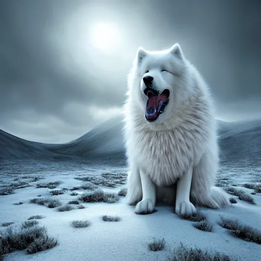 Image similar to giant sleeping ( ( ( ( samoyed ) ) ) ) creature creature in a tundra landscape, dramatic lighting, moody : : by michal karcz, daniel merriam, victo ngai and guillermo del toro : : ornate, dynamic, particulate, intricate, elegant, highly detailed, centered, artstation, smooth, sharp focus, octane render, 3 d