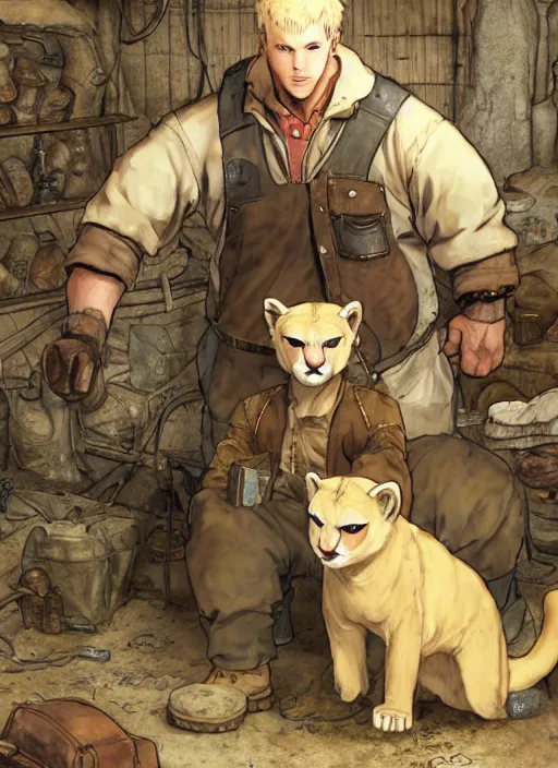 Image similar to character portrait of a man with an albino mountain lion's head wearing miner's clothes at the mines. hidari, color page, tankoban, 4K, tone mapping, Akihiko Yoshida.