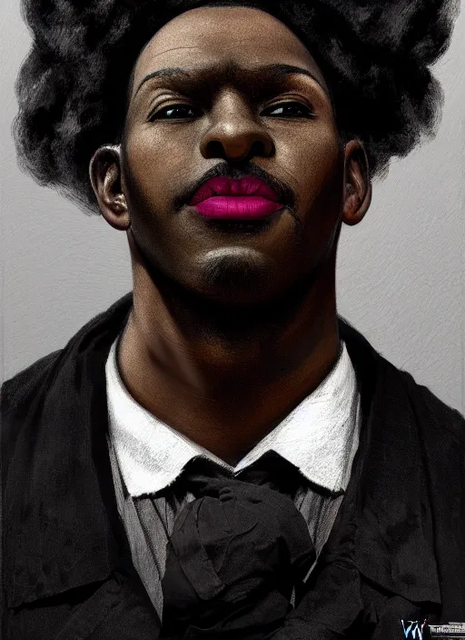 Image similar to portrait of a wide faced black man with a crooked nose and a confident expression, 1 9 6 0 s, black clothes, goth, punk, brightly coloured hair, funk, intricate, elegant, highly detailed, digital painting, artstation, concept art, smooth, sharp focus, illustration, art by wlop, mars ravelo and greg rutkowski