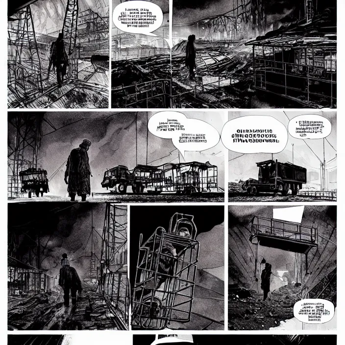 Prompt: sadie sink pulls a trolley in a coal mine. storyboard, scifi cyberpunk. by gabriel hardman, joe alves, chris bonura. cinematic atmosphere, detailed and intricate, perfect anatomy