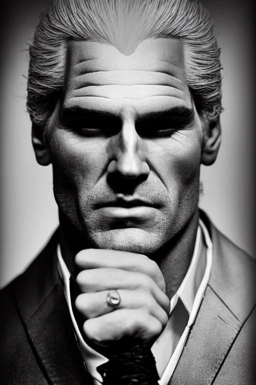 Prompt: portrait of geralt of rivia wearing a tuxedo, 5 5 mm lens, professional photograph, black and white, times magazine, serious