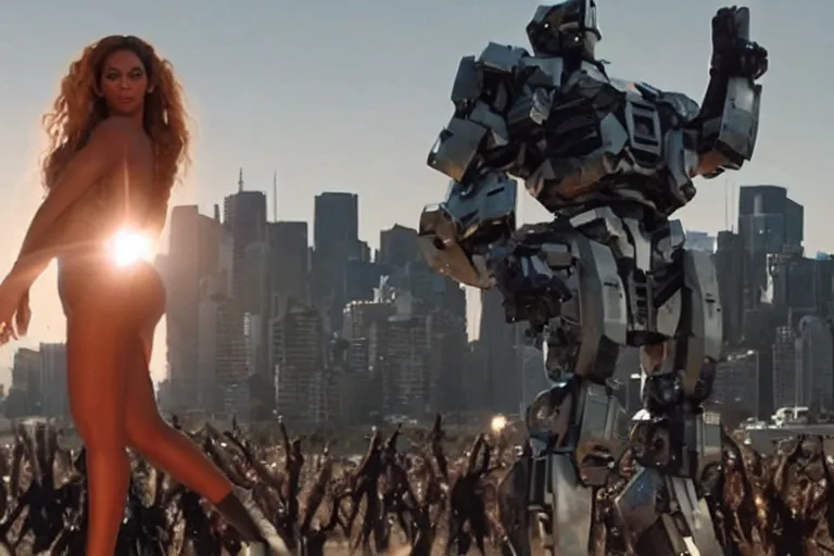 Prompt: VFX movie where Beyoncé is a giant robot