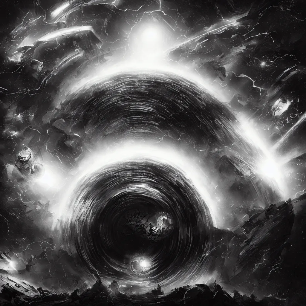 Prompt: logo black hole with accretion disk rises above the city destroying it with a shockwave, digital art, black and white, sticker, art by greg rutkowski, gonzalo fuenmayor, asher brown durand