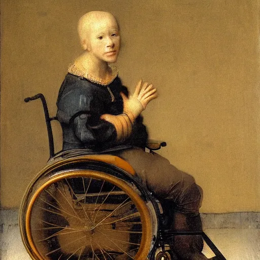 Prompt: a blonde teenager sitting in a wheelchair pondering about life, portrait in the style of dutch renaissance, rembrandt exhibition, 4 k high definition, masterpiece