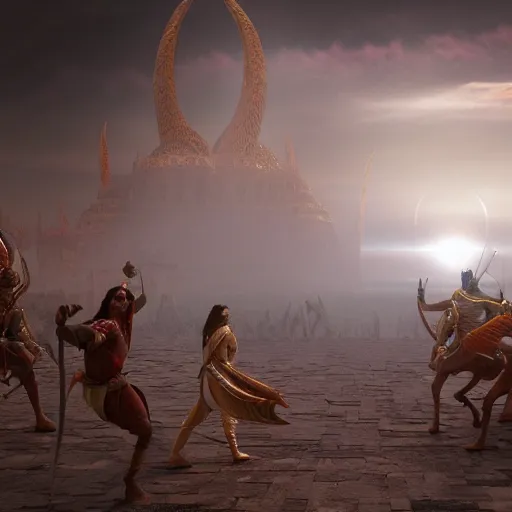 Image similar to scene from mahabharata with, cinematic, atmospheric, volumetric light, high octane render, backlight, 1 6 k, high definition render, unreal 5 engine, hyperrealism, in the style of ridley scott, hayao miyazaki, frank bairstow, james cameron, artgerm, marvel comics, steven spielberg, craig mullins