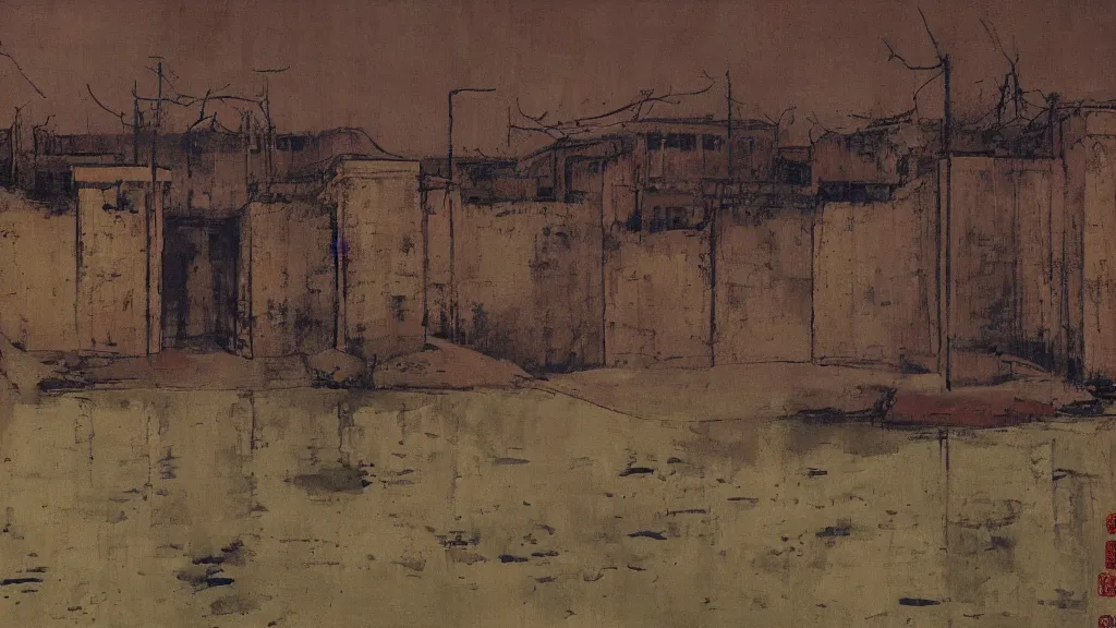 Image similar to a chinese prison near a river by peter doig, muted colors