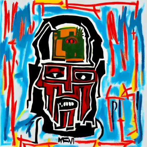 Prompt: MF DOOM album cover in the style of jean michel-basquiat