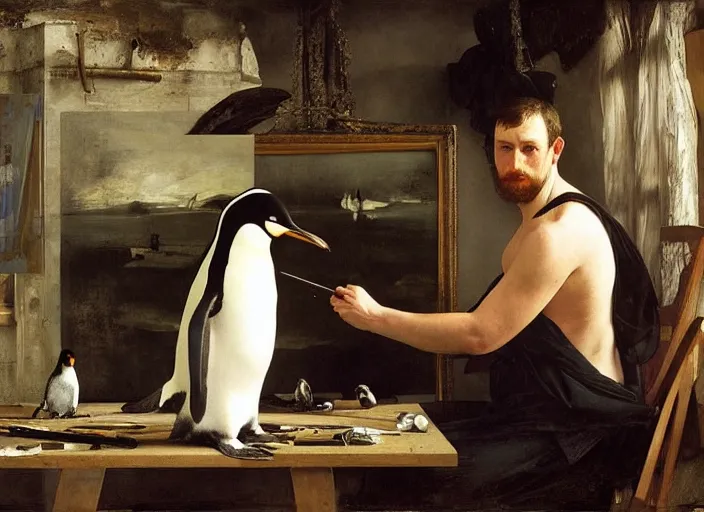 Image similar to an exhausted painter in his studio painting a picture of a penguin, by edgar maxence and caravaggio and michael whelan and delacroix style, artistic, intricate drawing, cinematic lighting, hyper realistic, extremely detailed, establishing shot, 8 k resolution, dramatic lighting