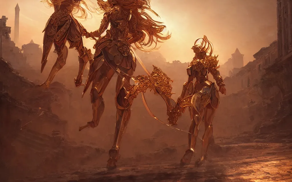 Prompt: knights of zodiac girl, golden and copper armor, armor knight fighting cinematic shot, in ruined agora of athens sunrise, ssci - fi and fantasy, intricate and very very beautiful and elegant, highly detailed, digital painting, artstation, concept art, smooth and sharp focus, illustration, art by tian zi and wlop and alphonse mucha