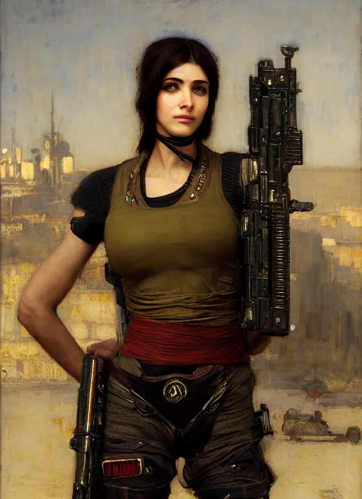 Image similar to beautiful cyberpunk pilot wearing military vest. Iranian orientalist portrait by john william waterhouse and Edwin Longsden Long and Theodore Ralli and Nasreddine Dinet, oil on canvas. Cinematic, hyper realism, dramatic lighting, high detail 4k