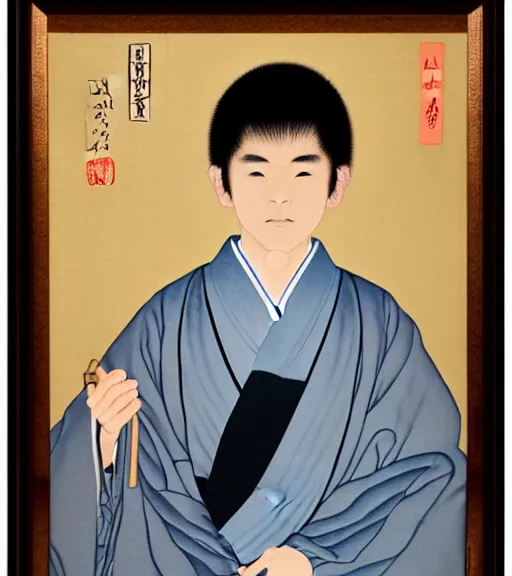 Image similar to Portrait of a Japanese Boy in an Edo Dojo, painting by Hung Liu and Yasutomo Oka