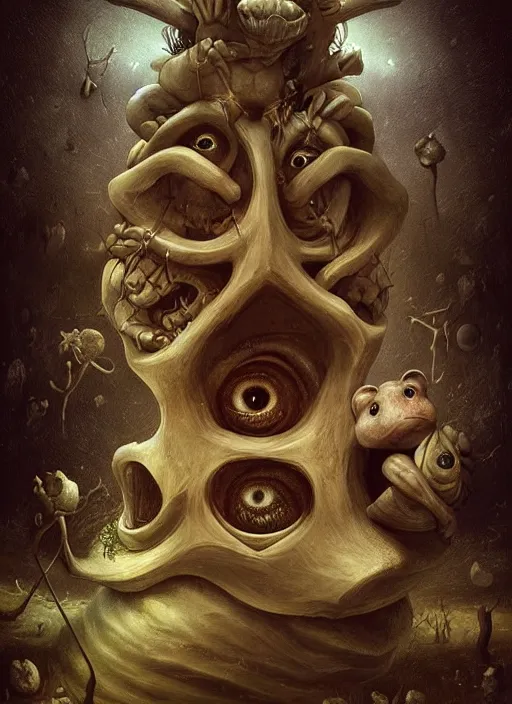 Prompt: carved bone toads of terrifying tribal potency. a surrealist objet trouve portrait by dave dorman hieronymus bosch, cyril rolando, esher and natalie shau, whimsical, profound, impossible, dark, atmospheric, brooding, digital painting, intricate. profound. wow