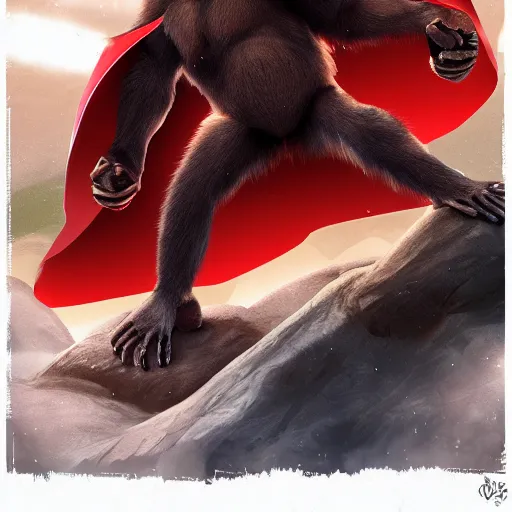 Image similar to fury art, an anthro ape wearing a large cape, exploding background, 3 d, 8 k, extremely detailed, furaffinity, artstation, award winning, sharp focus, illustration