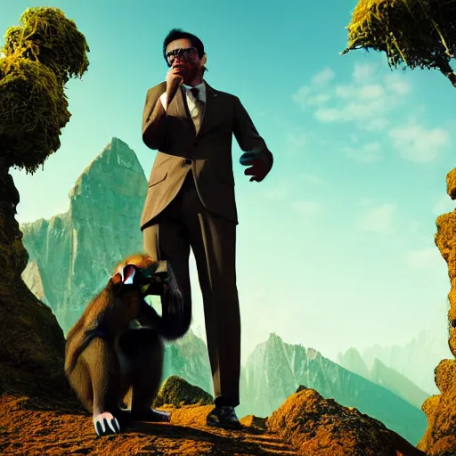 Image similar to Monkey in a suit landscape by Maciej Kuciara, 8k ultra high definition, upscaled, perfect composition , golden ratio, image credit nat geo