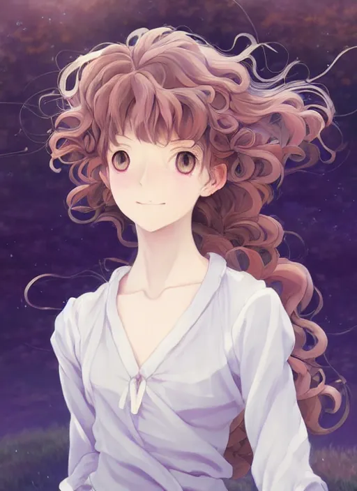 Image similar to Painting of a cottagecore witch with poofy curly strawberry hair in the style of Violet Evergarden, beautiful anime art style, winged eyelashes, countryside, calm, fantasy character portrait, dark outlines, dynamic pose, above view, sunny day, artwork by Makoto Shinkai, very coherent asymmetrical artwork, sharp edges, perfect face, simple form, 100mm