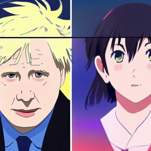 Prompt: Animation of Boris Johnson in Kimi No Na Wa, Your Name, Matoko Shinkai, beautiful, anime, colorful, animation, CoMix Wave Films