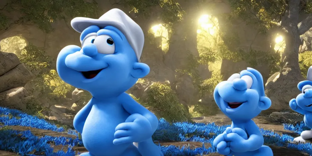 Image similar to smurfs in the unreal engine, 8k, high detail, volumetric lighting, lensflare