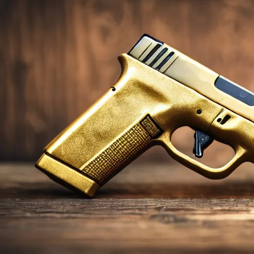 Prompt: a medium shot photograph of a gold glock 18 on a wooden background