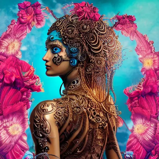 Image similar to a beautiful intricate fine art portrait photo of an indian cyborg with bionic implants, epic wavy hair spread out around her lined with white hibiscus, lying on a glowing mandala, by natalie shau and james christensen, masterpiece!, turquoise blue face, mechanical robot body, top view, studio lighting, golden ratio composition, 3 5 mm lens, deep depth of field, artstation, 8 k