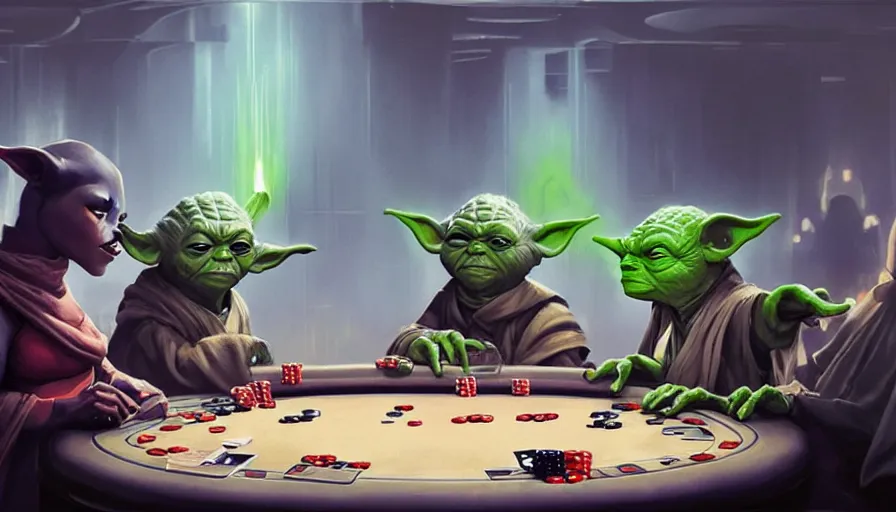 Image similar to Yoda playing poker with twi'leks at coruscant, rave, medium shot, details, sharp focus, illustration, by Jordan Grimmer and greg rutkowski, Trending artstation, pixiv, digital Art