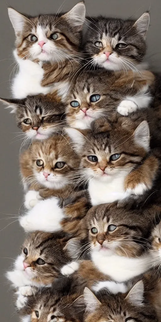 Image similar to a stack of cats curled up atop one another. a furry tower of cuddliness. cat cooperation.