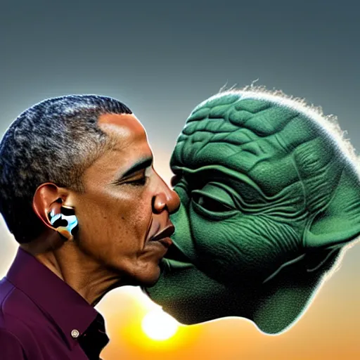 Image similar to obama and yoda kissing with tongue at sunrise