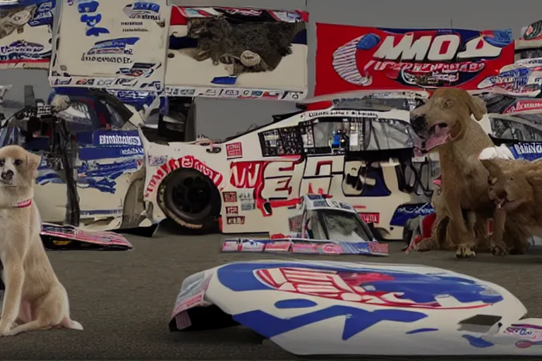 Image similar to vfx movie nascar driver covered in corporate sponsor logos holding up bone for pack of dogs in the u. s. senate. by emmanuel lubezki