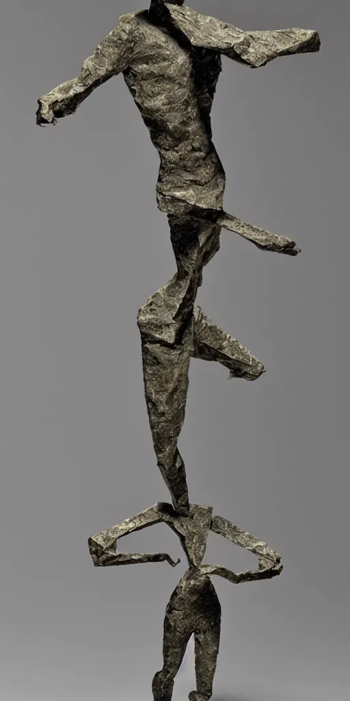 Image similar to sculpture of a cowering man, in the style of alberto giacometti