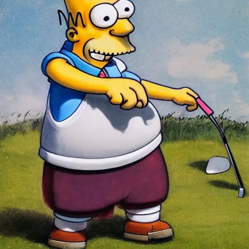 Prompt: (((((Homer Simpson playing golf . muted colors.))))) by Jean-Baptiste Monge !!!!!!!!!!!!!!!!!!!!!!!!!!!