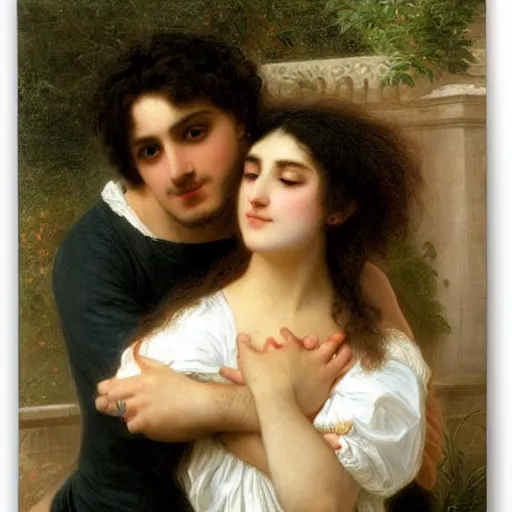 Image similar to young man in orange t - shirt and young woman with black hair hugging, by pierre - auguste cot