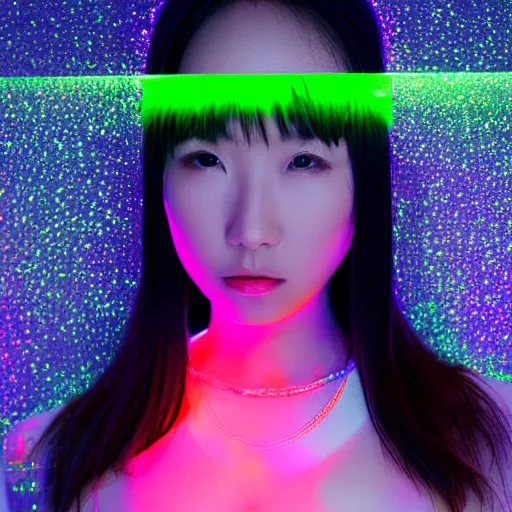 Prompt: beautiful japanese model with led projection skin, neon lighting, portrait photo