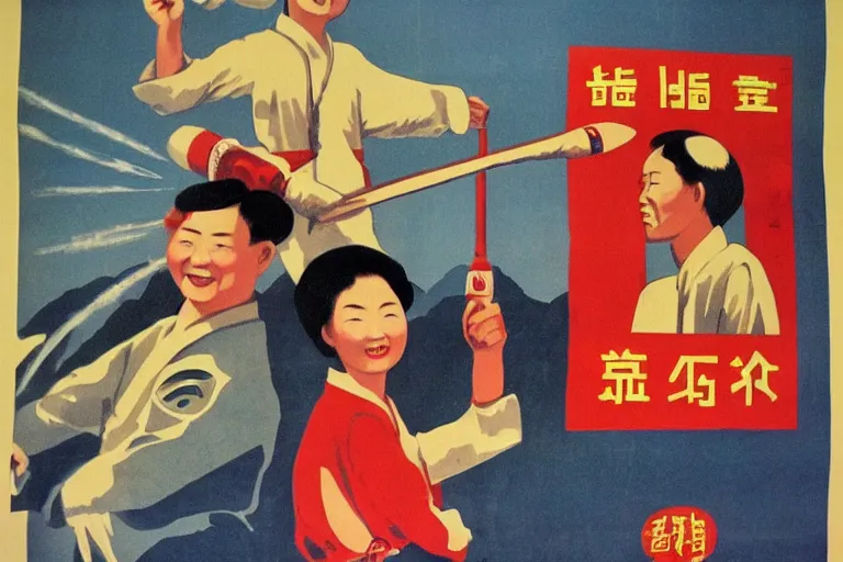 Image similar to vintage poster chinese cultural revolution propaganda, realistic, grain, rockets, astronauts