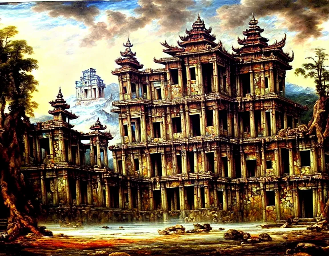 Image similar to hyper realistic detailed oil painting of ancient forgotten palace of shangrila, 8 k ultra hd, by jan matejko