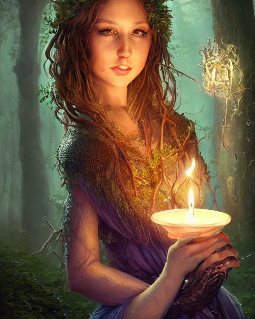 Image similar to portrait high definition photograph cute girl holding a candle fantasy character art, hyper realistic, pretty face, hyperrealism, iridescence water elemental, snake skin armor forest dryad, woody foliage, 8 k dop dof hdr fantasy character art, by aleski briclot and alexander'hollllow'fedosav and laura zalenga