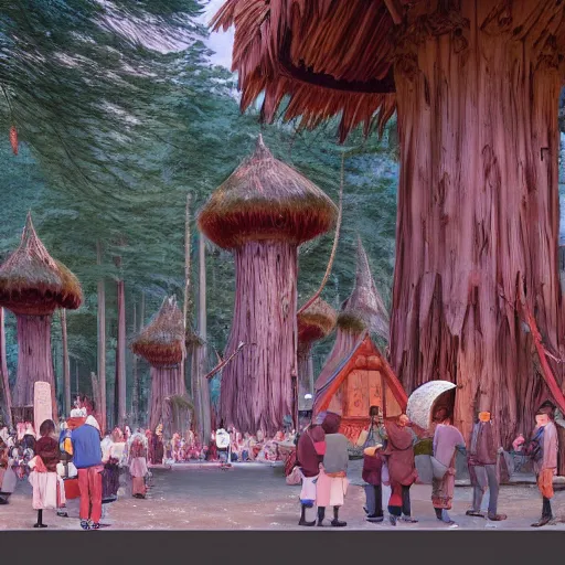 Image similar to Tlingit Maori forest of redwoods carved into towers with bulbous balconies, with a bazaar among their roots, by Studio Ghibli, Bruegel, Greg Rutkowski, and Ansel Adams, 1080p