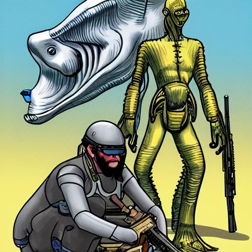 Image similar to digital illustration of futuristic big game hunter sitting for a photo next to his large alien creature, proud, feat, style of moebius, wild world, large really long futuristic rifle with scope, colonial helmet