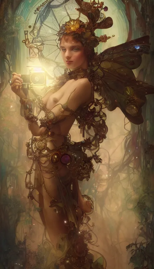 Image similar to hyper realistic photographer taking a picture, magical, gems, jewels, gold, steampunk, cyberpunk, painted by tom bagshaw, mucha, gaston bussiere, craig mullins, j. c. leyendecker 8 k