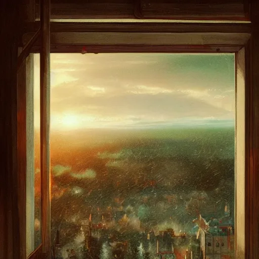 Prompt: view from window, sunset, high detail, dramatic light, digital art, painted by seb mckinnon, trending on artstation