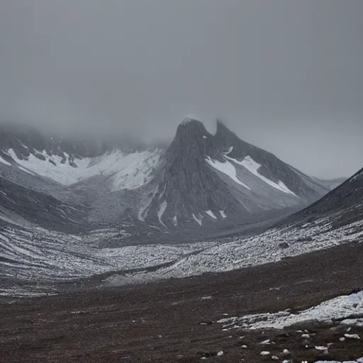 Prompt: a overlook of a artic mountain. below is a large monolithic cathedral, blocking out the rest of the view of the over look. grainy, overcast sky, snowing.