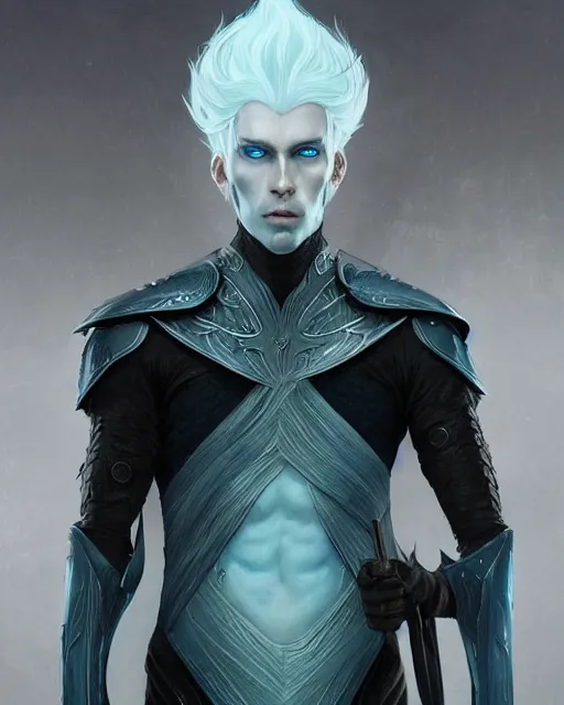 Image similar to character portrait of a slender young half elven man with white hair, piercing turquoise blue eyes, and pale blue skin, wearing sleek black armor, by greg rutkowski and mark brookes and jim burns and tom bagshaw and magali villeneuve, trending on artstation